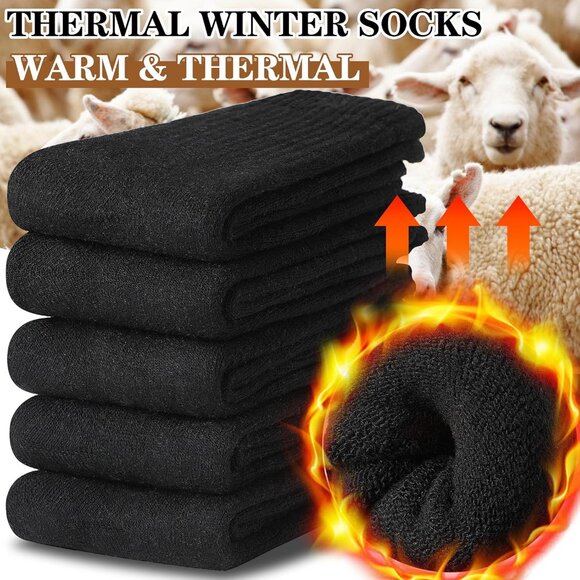 Womens Merino Wool Black B Socks 5 Pairs Warm Thick Crew Cozy Winter Boot Socks - Picture 2 of 6